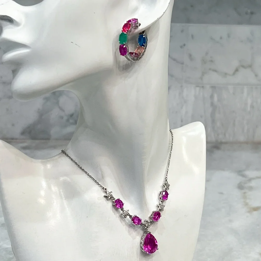 Radiant Orchid Quartz White Zircon Silver V Drop Necklace w/ Extender - Picture 14 of 15